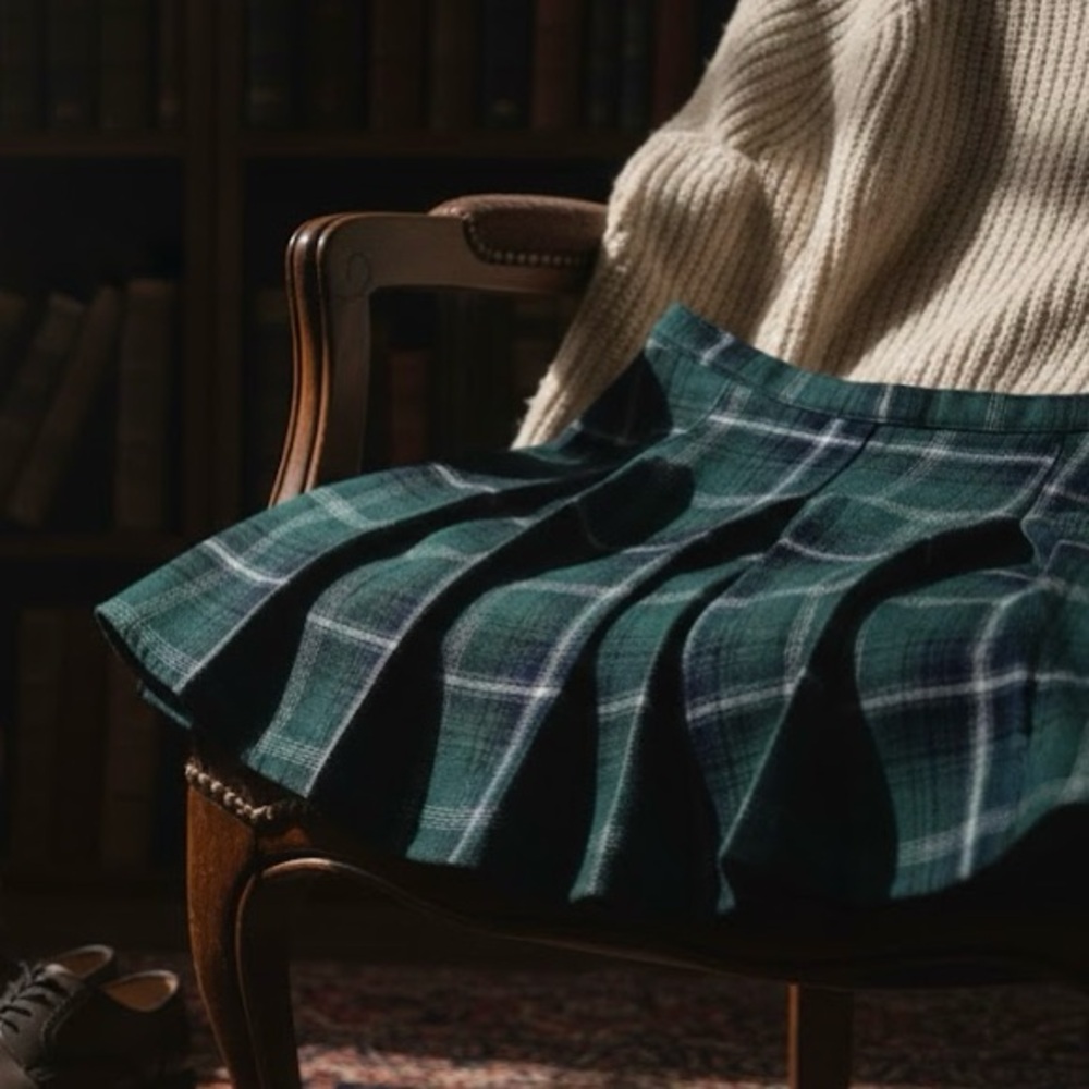 SO 90’s Y2K Green Plaid Tartan Pleated Mini Skirt Dark Academia Preppy 29” / 9